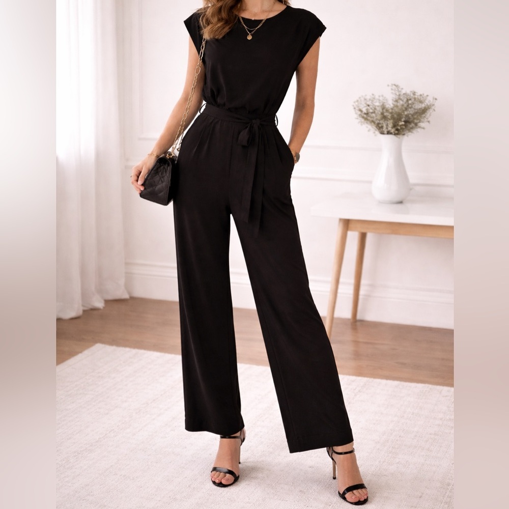 Eliza J Black Wide Leg Jumpsuit Size 10 Draped Belted Formal